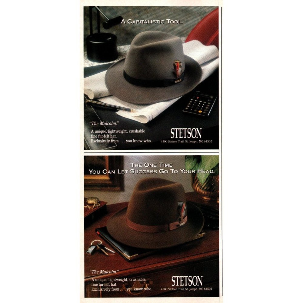 1991 Stetson "The Malcom" Crushable Fine Fur Felt Hat Vintage Print Ad Wall Art